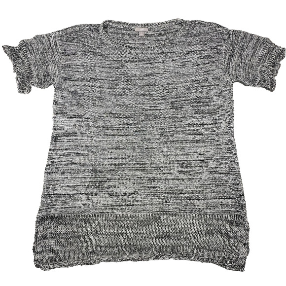 J. Jill 100% LINEN open‎ knit Dolman sweater short sleeve black white cute trim - Picture 1 of 14